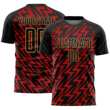 Load image into Gallery viewer, Custom Black Red-Old Gold Lightning Sublimation Soccer Uniform Jersey
