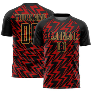 Custom Black Red-Old Gold Lightning Sublimation Soccer Uniform Jersey