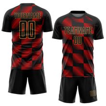 Load image into Gallery viewer, Custom Black Red-Old Gold Lines Sublimation Soccer Uniform Jersey
