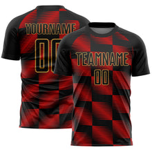 Load image into Gallery viewer, Custom Black Red-Old Gold Lines Sublimation Soccer Uniform Jersey
