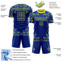 Load image into Gallery viewer, Custom Royal Neon Yellow Geometric Shapes Sublimation Soccer Uniform Jersey
