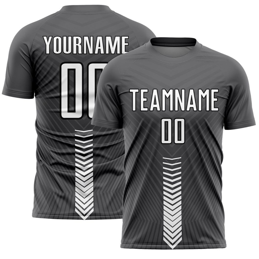 Custom Steel Gray White-Black Arrow Shapes Sublimation Soccer Uniform Jersey