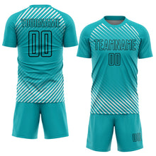 Load image into Gallery viewer, Custom Aqua Black Diagonal Lines Sublimation Soccer Uniform Jersey
