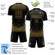 Load image into Gallery viewer, Custom Black Old Gold Diagonal Lines Sublimation Soccer Uniform Jersey
