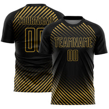 Load image into Gallery viewer, Custom Black Old Gold Diagonal Lines Sublimation Soccer Uniform Jersey
