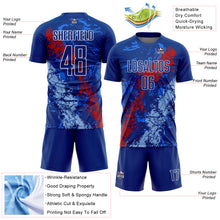 Load image into Gallery viewer, Custom Royal Red-Light Blue Dripping Splatter Art Sublimation Soccer Uniform Jersey
