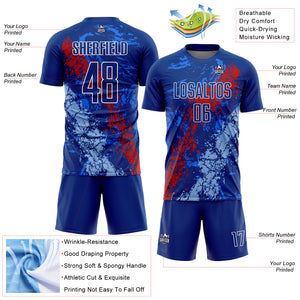 Custom Royal Red-Light Blue Dripping Splatter Art Sublimation Soccer Uniform Jersey