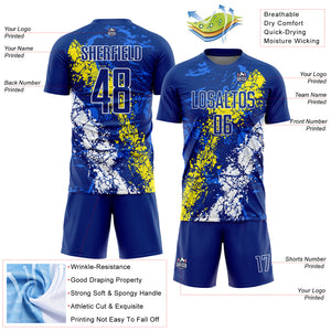 Custom Royal Light Yellow-White Dripping Splatter Art Sublimation Soccer Uniform Jersey