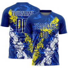 Load image into Gallery viewer, Custom Royal Light Yellow-White Dripping Splatter Art Sublimation Soccer Uniform Jersey
