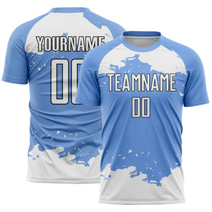 Custom Light Blue White-Black Abstract Fragment Art Sublimation Soccer Uniform Jersey