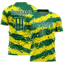 Load image into Gallery viewer, Custom Kelly Green Light Yellow-White Splash Sublimation Soccer Uniform Jersey
