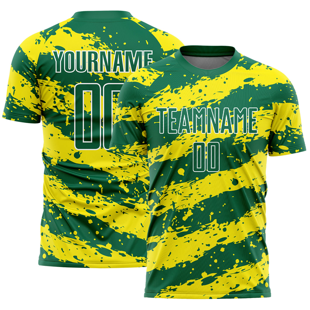 Custom Kelly Green Light Yellow-White Splash Sublimation Soccer Uniform Jersey