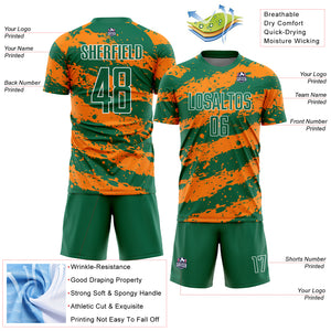 Custom Kelly Green Bay Orange-White Splash Sublimation Soccer Uniform Jersey