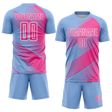 Custom Light Blue Pink-White Line Sublimation Soccer Uniform Jersey