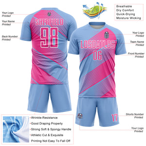 Custom Light Blue Pink-White Line Sublimation Soccer Uniform Jersey