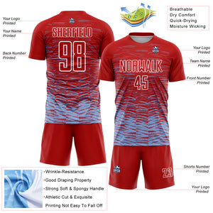 Custom Red Light Blue-White Line Sublimation Soccer Uniform Jersey