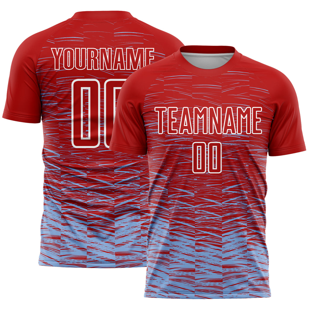 Custom Red Light Blue-White Line Sublimation Soccer Uniform Jersey