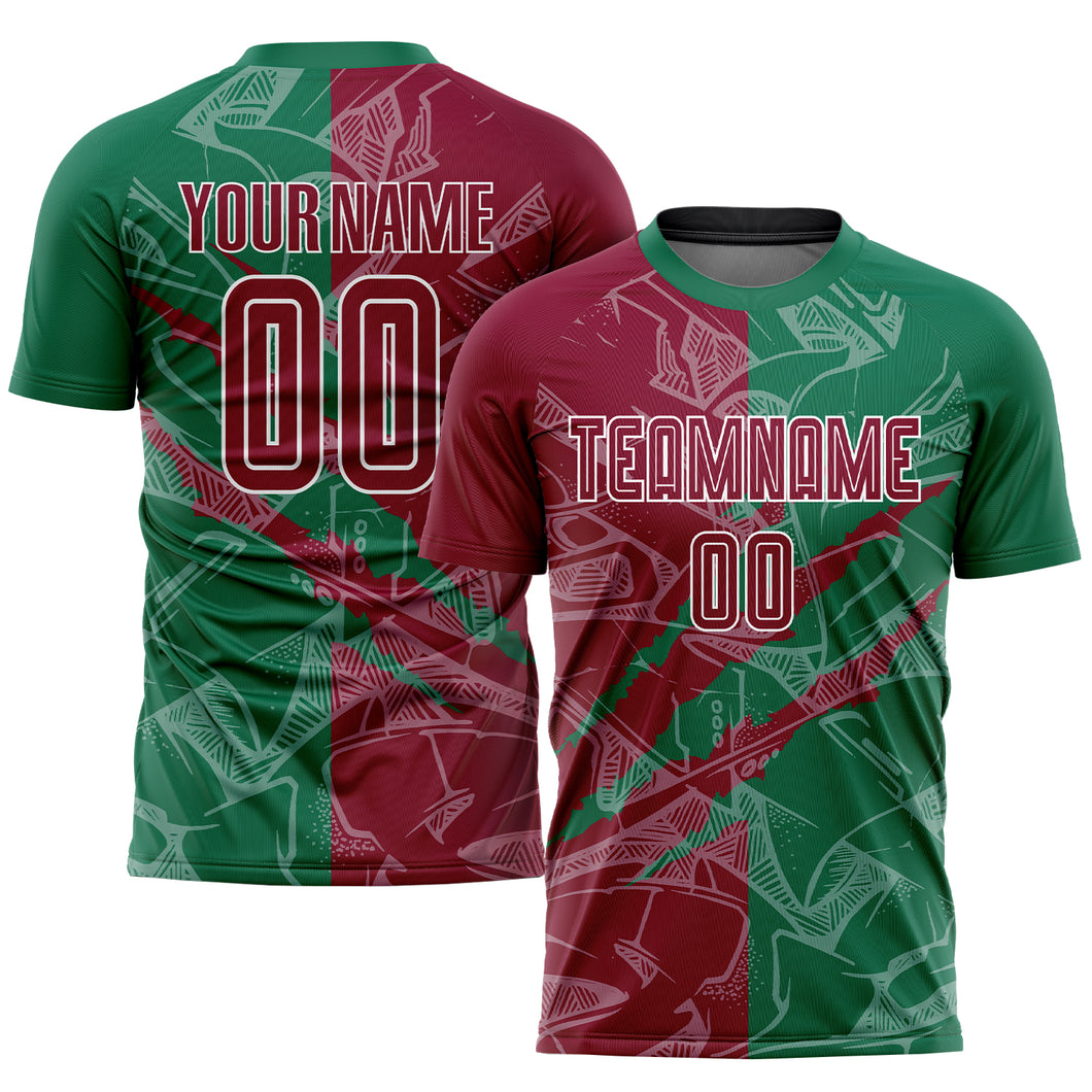 Custom Graffiti Pattern Maroon-Kelly Green Scratch Sublimation Soccer Uniform Jersey