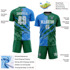 Custom Graffiti Pattern Powder Blue-Kelly Green Scratch Sublimation Soccer Uniform Jersey