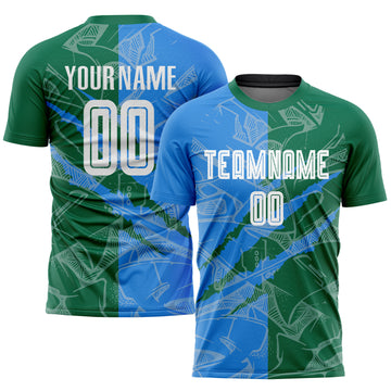 Custom Graffiti Pattern Powder Blue-Kelly Green Scratch Sublimation Soccer Uniform Jersey