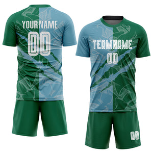 Custom Graffiti Pattern Shadow Blue-Kelly Green Scratch Sublimation Soccer Uniform Jersey