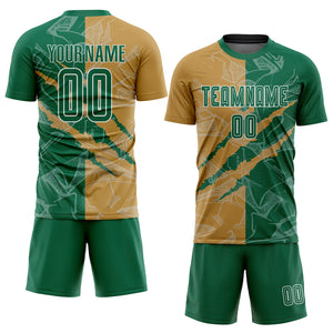 Custom Graffiti Pattern Kelly Green-Old Gold Scratch Sublimation Soccer Uniform Jersey