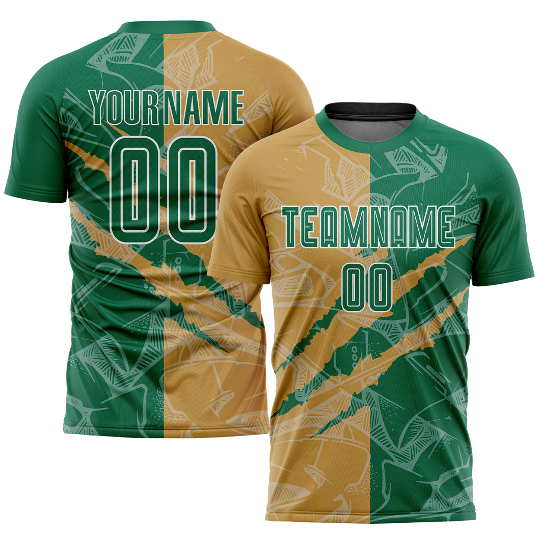 Custom Graffiti Pattern Kelly Green-Old Gold Scratch Sublimation Soccer Uniform Jersey