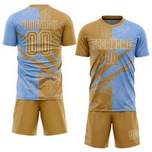 Load image into Gallery viewer, Custom Graffiti Pattern Old Gold-Light Blue Scratch Sublimation Soccer Uniform Jersey
