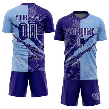 Custom Graffiti Pattern Dark Purple-Light Blue Scratch Sublimation Soccer Uniform Jersey