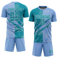 Load image into Gallery viewer, Custom Graffiti Pattern Teal-Light Blue Scratch Sublimation Soccer Uniform Jersey
