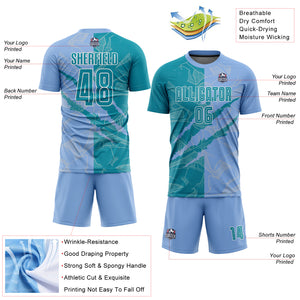 Custom Graffiti Pattern Teal-Light Blue Scratch Sublimation Soccer Uniform Jersey