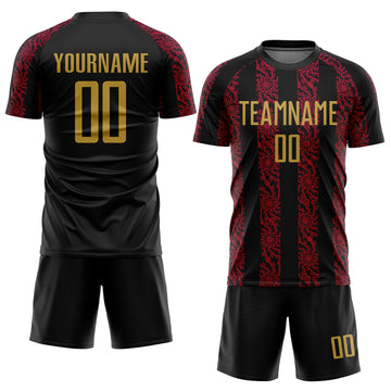 Custom Black Old Gold-Red Abstract Shape Sublimation Soccer Uniform Jersey