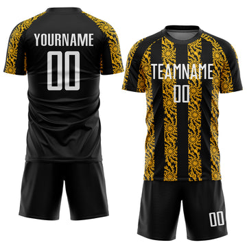 Custom Black White-Gold Abstract Shape Sublimation Soccer Uniform Jersey