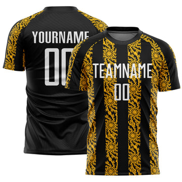 Custom Black White-Gold Abstract Shape Sublimation Soccer Uniform Jersey