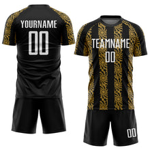 Load image into Gallery viewer, Custom Black White-Old Gold Abstract Shape Sublimation Soccer Uniform Jersey
