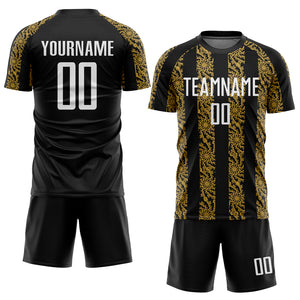 Custom Black White-Old Gold Abstract Shape Sublimation Soccer Uniform Jersey