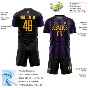 Custom Black Gold-Purple Abstract Shape Sublimation Soccer Uniform Jersey