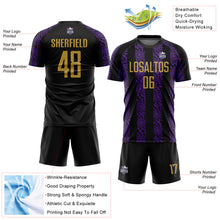 Load image into Gallery viewer, Custom Black Old Gold-Purple Abstract Shape Sublimation Soccer Uniform Jersey
