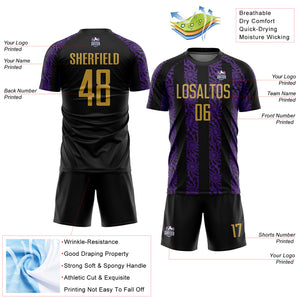 Custom Black Old Gold-Purple Abstract Shape Sublimation Soccer Uniform Jersey