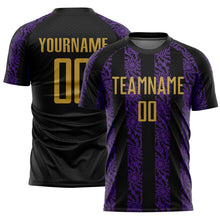 Load image into Gallery viewer, Custom Black Old Gold-Purple Abstract Shape Sublimation Soccer Uniform Jersey
