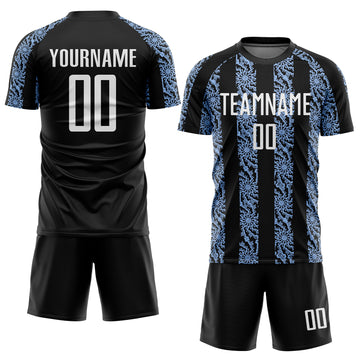 Custom Black White-Light Blue Abstract Shape Sublimation Soccer Uniform Jersey