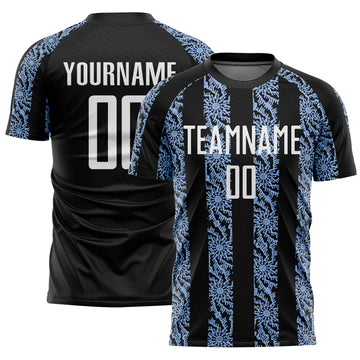 Custom Black White-Light Blue Abstract Shape Sublimation Soccer Uniform Jersey