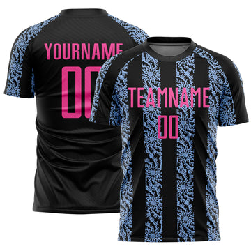 Custom Black Pink-Light Blue Abstract Shape Sublimation Soccer Uniform Jersey