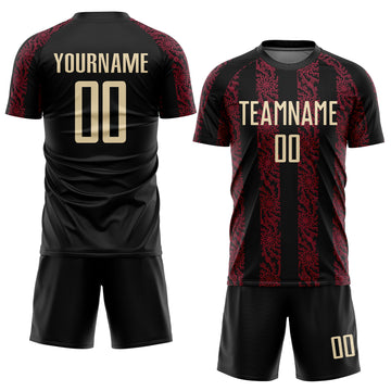 Custom Black Cream-Crimson Abstract Shape Sublimation Soccer Uniform Jersey