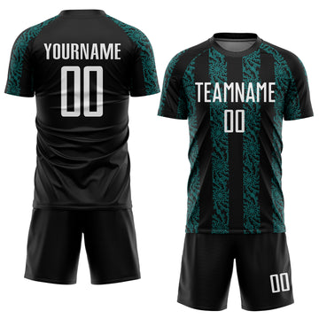 Custom Black White-Teal Abstract Shape Sublimation Soccer Uniform Jersey