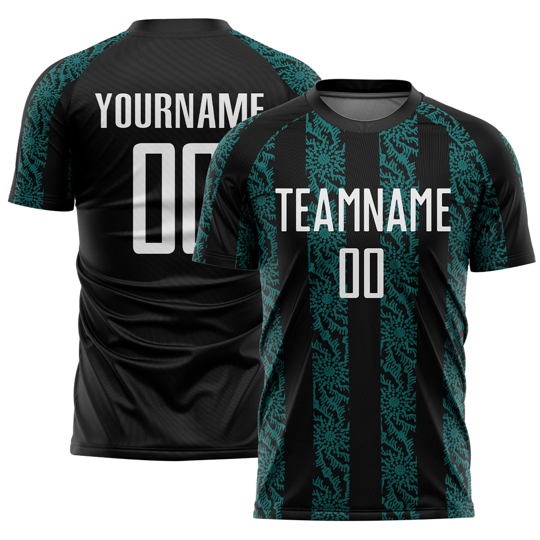 Custom Black White-Teal Abstract Shape Sublimation Soccer Uniform Jersey