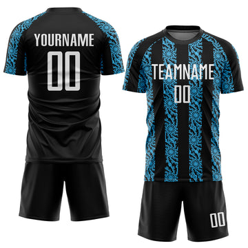 Custom Black White-Sky Blue Abstract Shape Sublimation Soccer Uniform Jersey