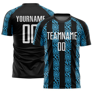 Custom Black White-Sky Blue Abstract Shape Sublimation Soccer Uniform Jersey