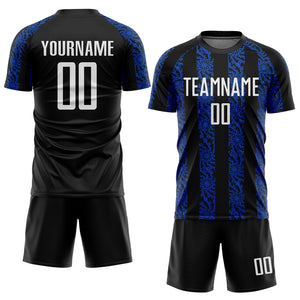 Custom Black White-Thunder Blue Abstract Shape Sublimation Soccer Uniform Jersey