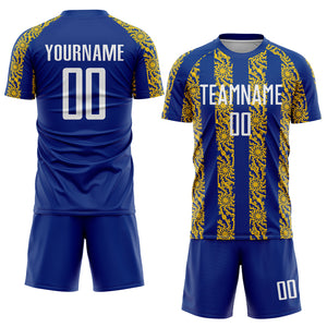 Custom Royal White-Yellow Abstract Shape Sublimation Soccer Uniform Jersey